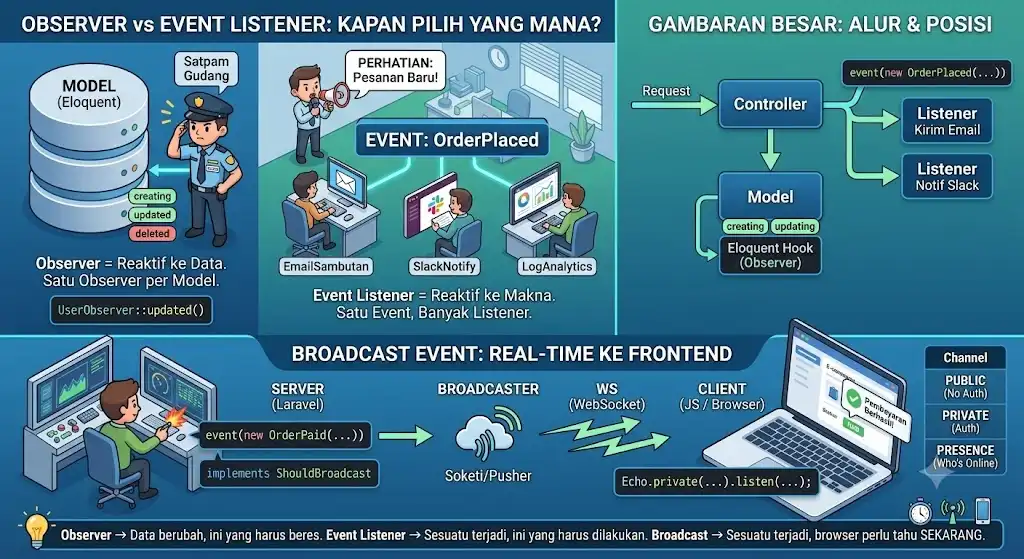 Event Listener vs Observer di Laravel — Kapan Pilih yang Mana, Plus Broadcast Real-Time - Blog Post