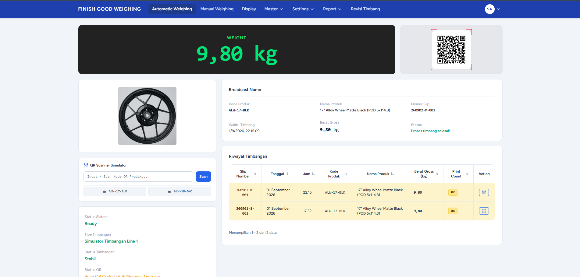 Automatic Weighing Command Center — Live PLC weight readout (9.80 kg, Stable) with verified product identity, auto-generated 3rd QR code label, and per-session weighing history log.